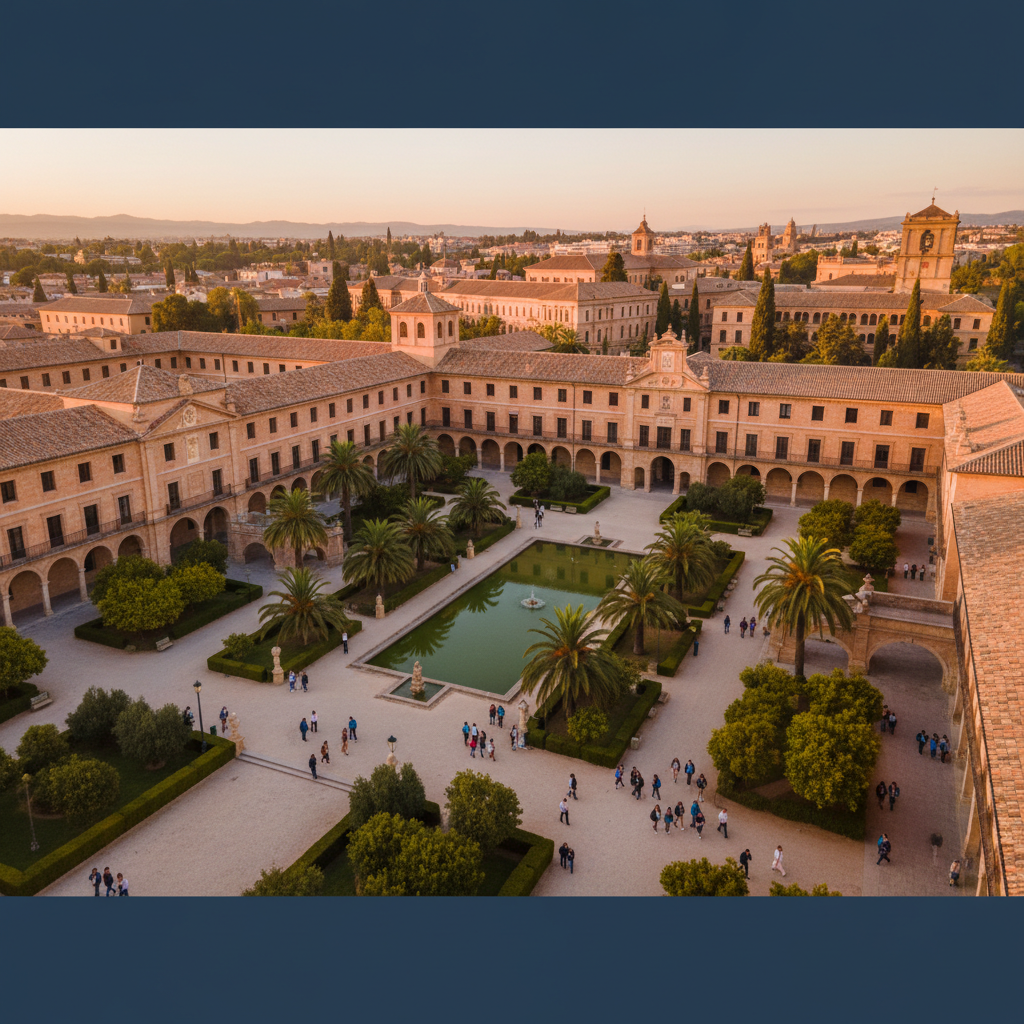 Edificio histórico de una universidad española con estudiantes internacionales caminando por el patio