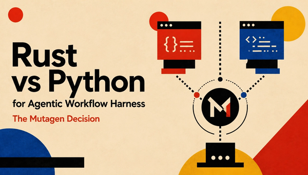 Minimalist Bauhaus-style blog hero graphic with bold text reading “Rust vs Python,” “for Agentic Workflow Harness,” and “The Mutagen Decision,” showing two abstract code windows connected by dashed lines into a central Mutagen “M” decision hub, with red, blue, yellow, black, and cream geometric shapes.