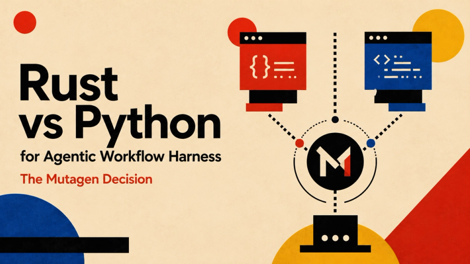 Minimalist Bauhaus-style blog hero graphic with bold text reading “Rust vs Python,” “for Agentic Workflow Harness,” and “The Mutagen Decision,” showing two abstract code windows connected by dashed lines into a central Mutagen “M” decision hub, with red, blue, yellow, black, and cream geometric shapes.