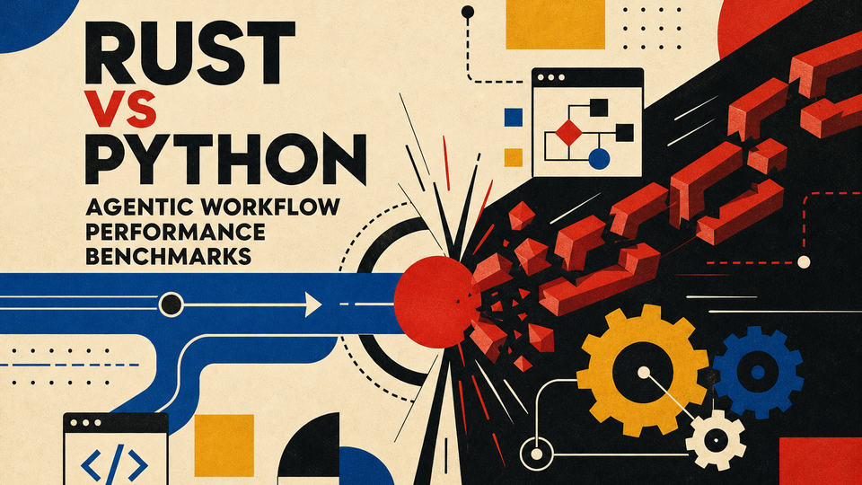 Bauhaus illustration comparing Rust and Python performance with smooth geometric flow versus interrupted block