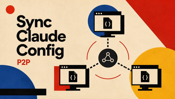 Minimalist Bauhaus-style blog hero graphic with bold text reading “Sync Claude Config” and “P2P,” showing three simplified computer windows connected to a central peer-to-peer mesh node, with config file icons, dashed sync lines, and red, blue, yellow, black, and cream geometric shapes.