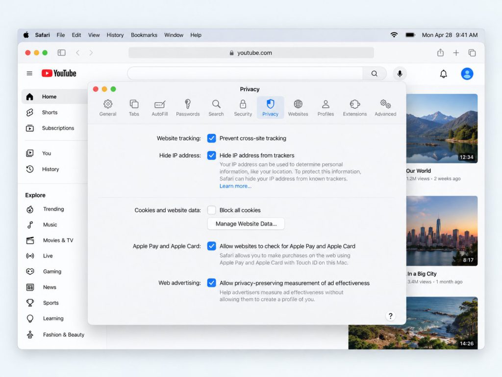 Illustration of Safari Privacy settings for removing YouTube website data on Mac