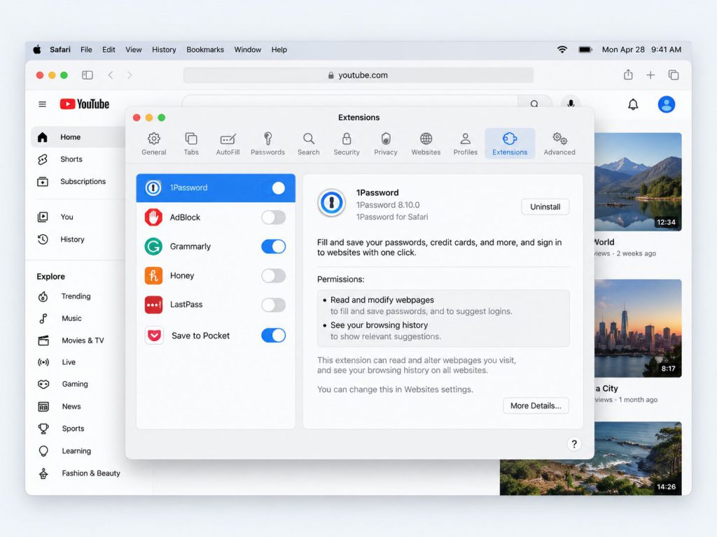 Illustration of Safari Extensions settings on Mac for disabling content blockers