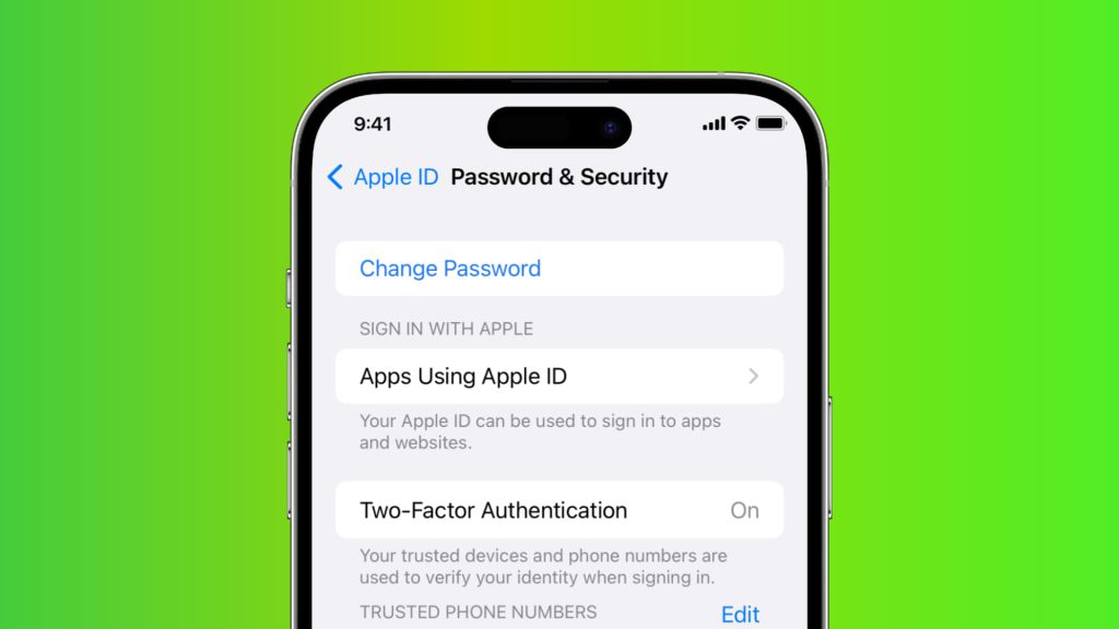 Apple ID Password and Security settings screen on iPhone