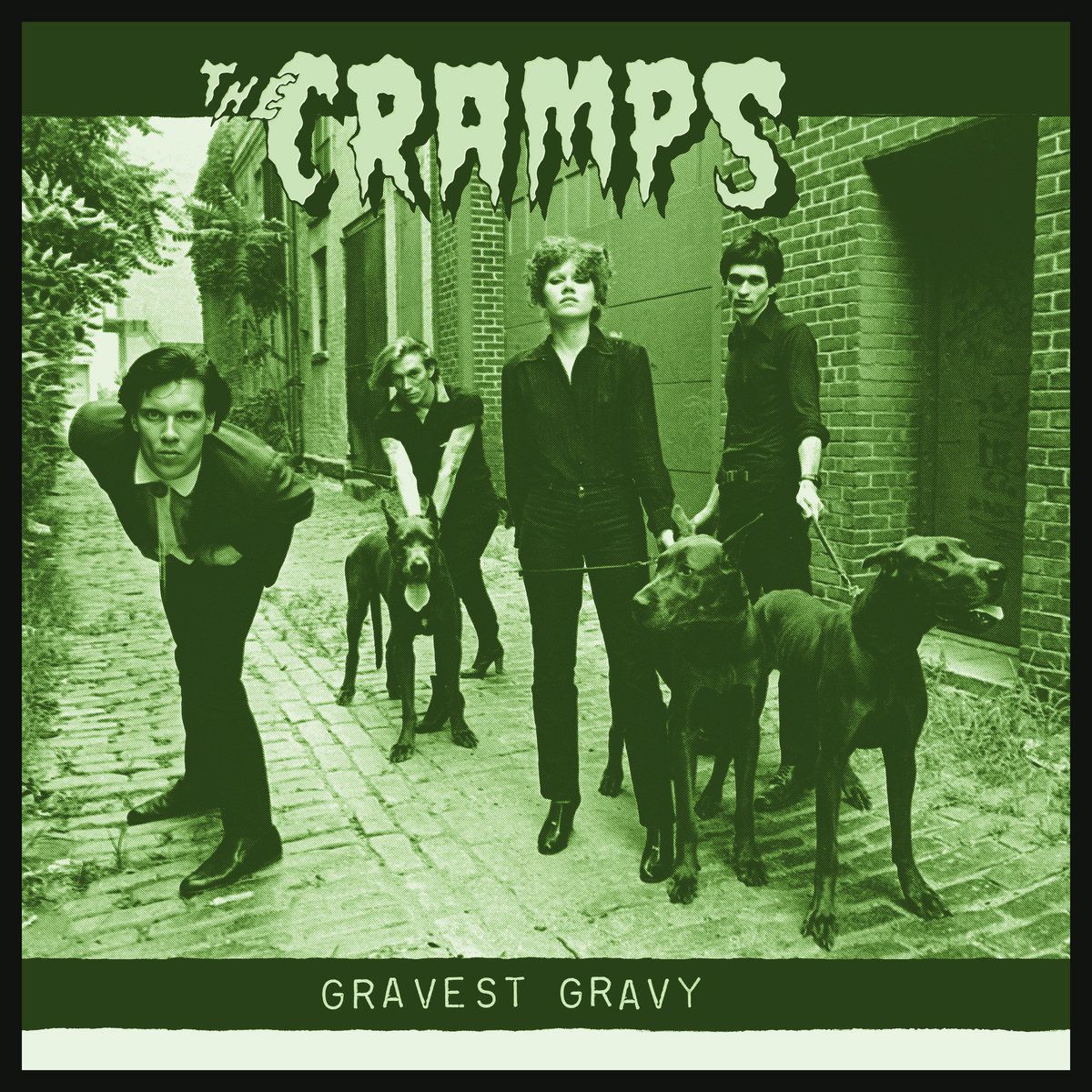 Black-and-white Gravest Gravy album artwork showing The Cramps on a patterned background
