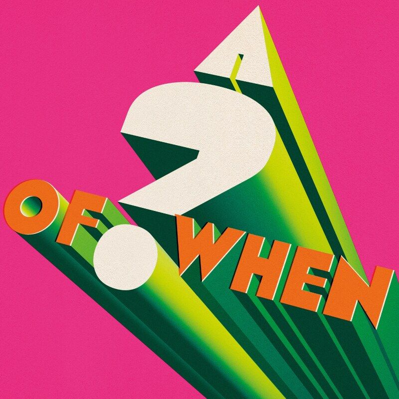 Bright pink album art with green geometric shapes and large white punctuation