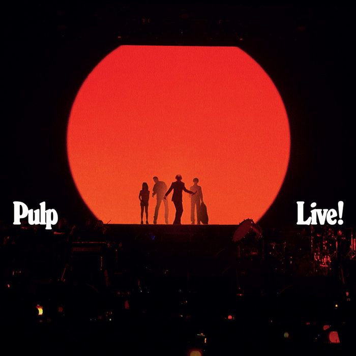 Pulp Live! album cover with a red stage curtain and the band name in yellow lettering.