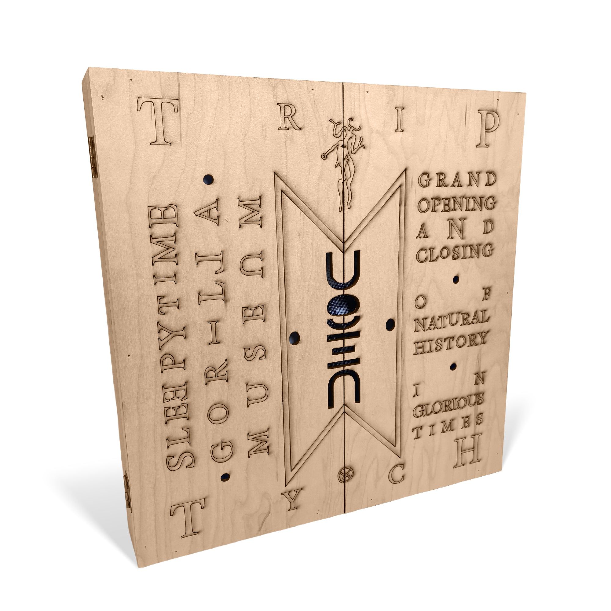 The wooden Sleepytime Gorilla Museum Triptych box set with etched artwork on the cover