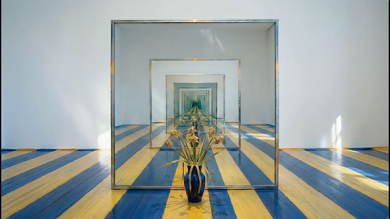 A blue vase of dried flowers reflected through nested mirrored frames in a bright room