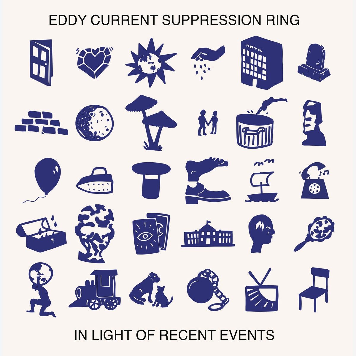 Black-and-white illustrated cover art for Eddy Current Suppression Ring's In Light Of Recent Events