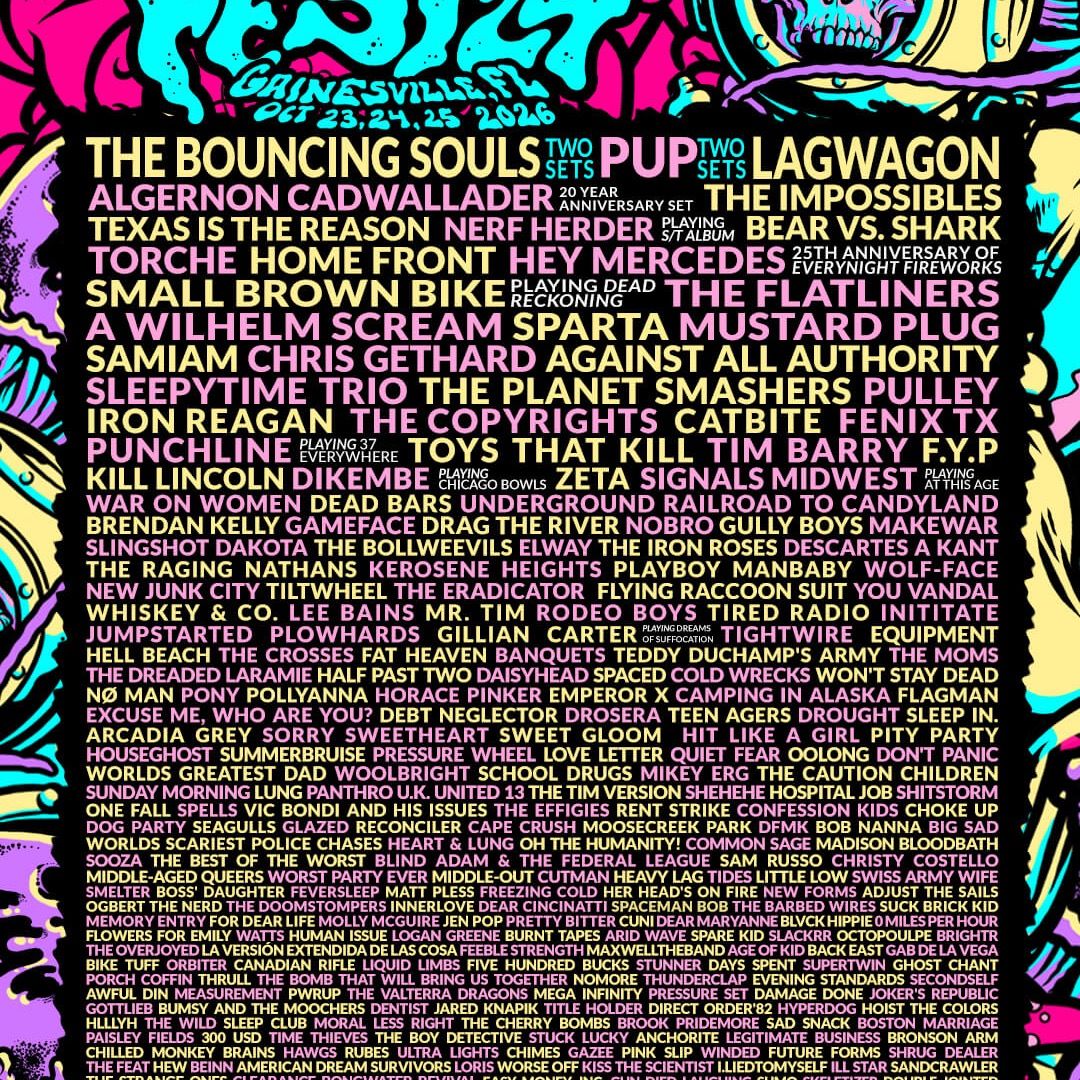 The Fest 24 second wave lineup poster with dozens of punk band names in red and yellow type.