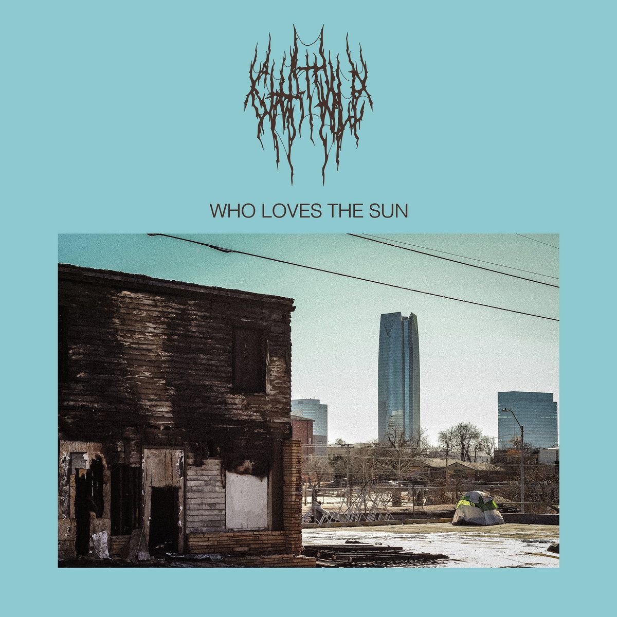 Chat Pile Who Loves The Sun album cover showing a bright city skyline scene.