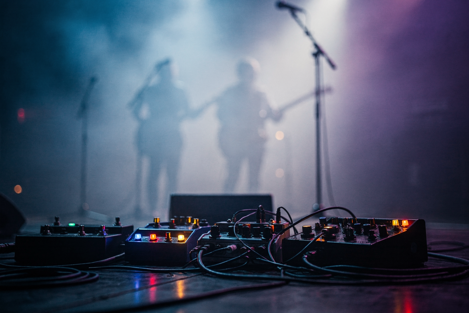 Blurred stage lights and pedalboard textures for a shoegaze revival guide.