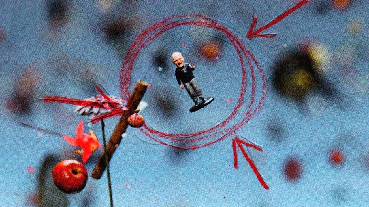 Animated blue-toned scene from Gilla Band’s Giraffe video with a small figure circled in red