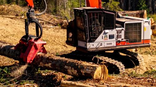 Link-Belt forestry machine working in a lumber yard