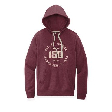 Red hooded sweatshirt with Link-Belt 150th anniversary logo