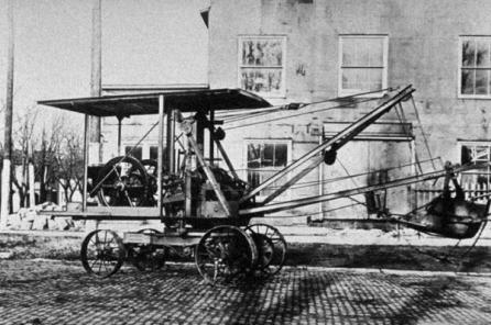 Black-and-white photo of historic machinery