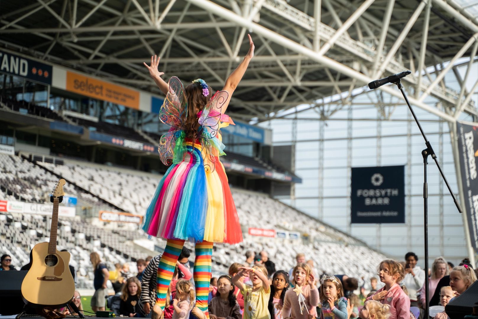 Rainbow Rosalind at kids' event at the Forsyth Barr Stadium