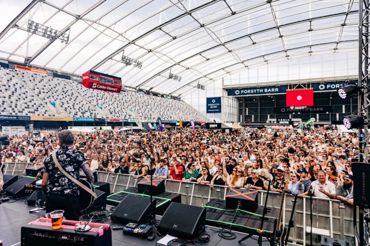 Packed Forsyth Barr stadium view from the stage