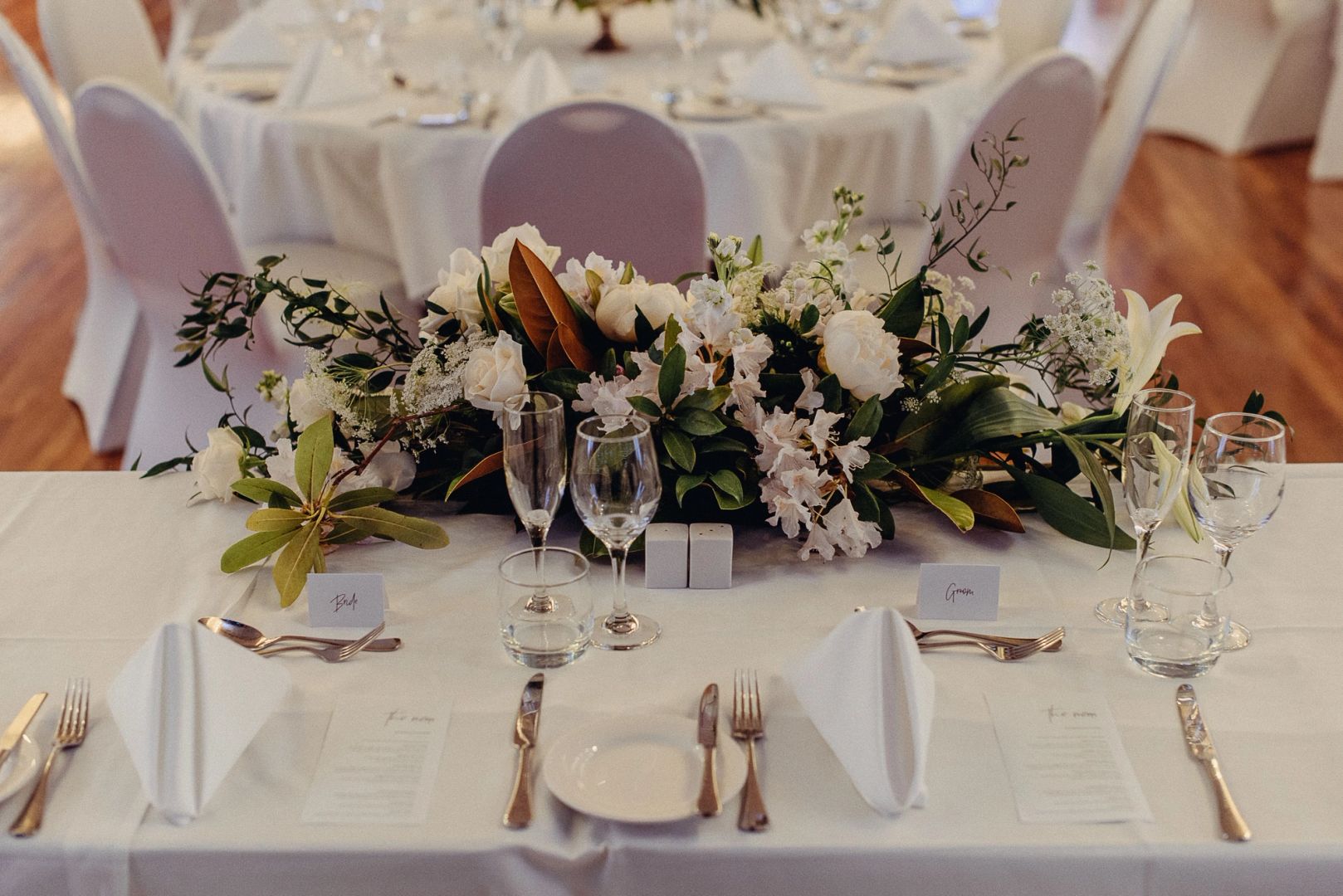 Wedding head table set up in the Glenroy Auditorium