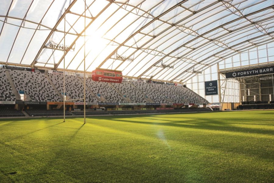 Stadium grass in the morning sunlight - filtering through the transparent roof