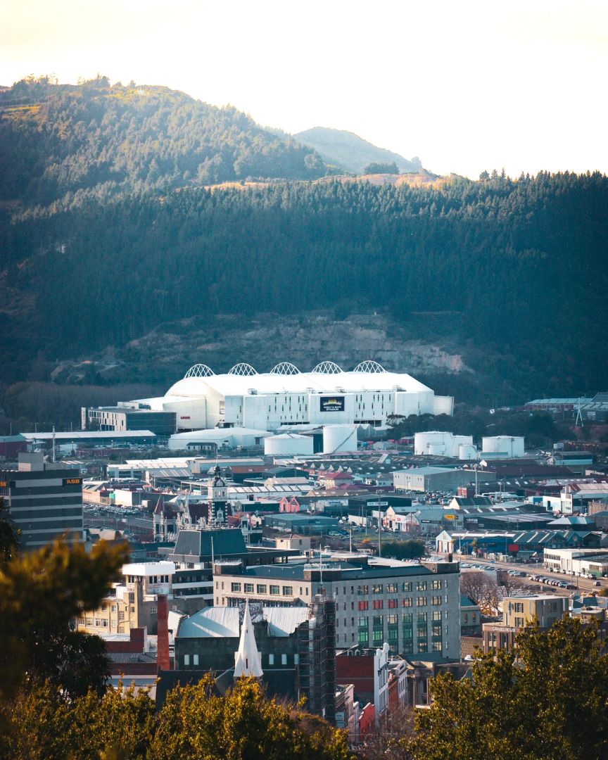 Forsyth Barr Stadium from a distance in Dunedin