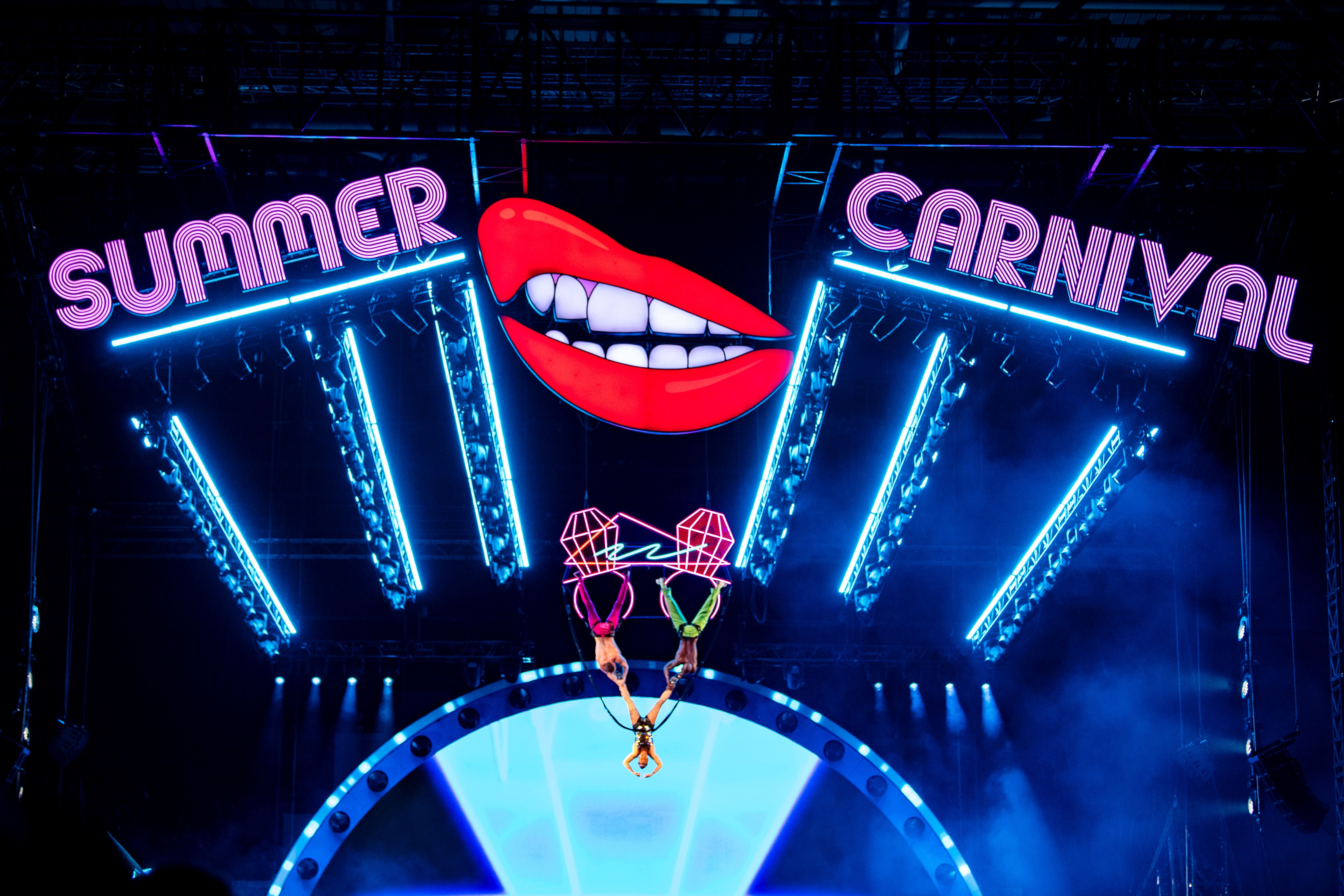 P!NK suspended high above the stage of the Forsyth Barr Stadium