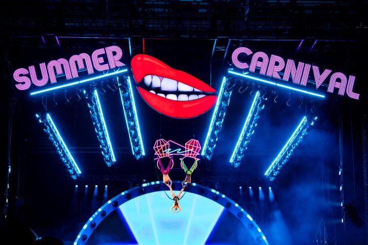 P!NK suspended from the roof of the stadium