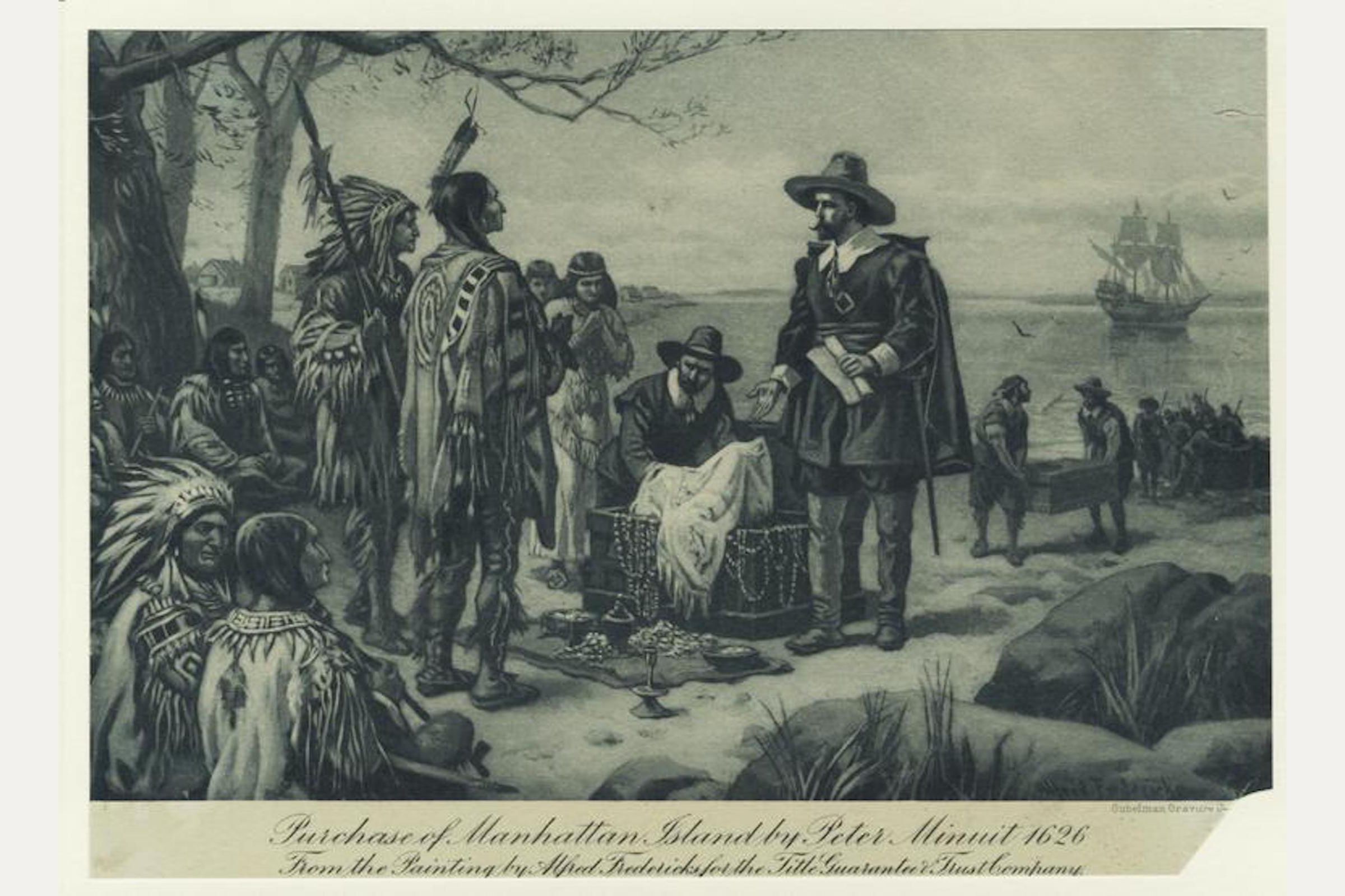 Drawing of Peter Minuit purchasing the island of Manhattan from the Lenape tribe