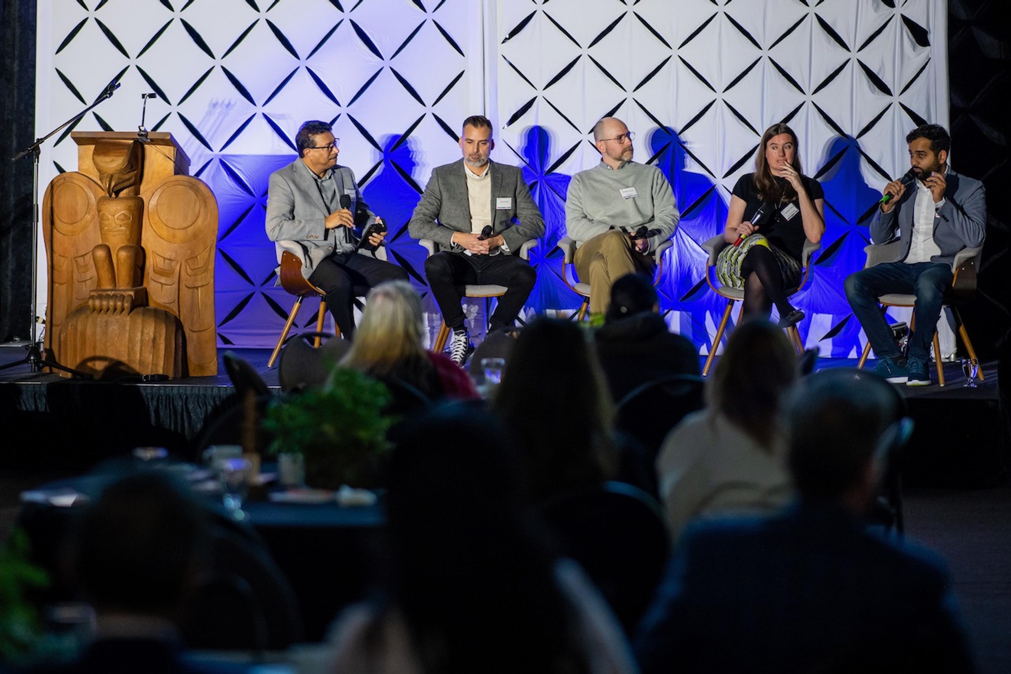 From L-R: Raghwa Gopal (Innovate BC), Jesse Knight (Seawise Innovative Packaging), Matthew Lehner (OneFeather), Stephanie Willerth (Axolotl Biosciences), Sam Mod (Ernst & Young)