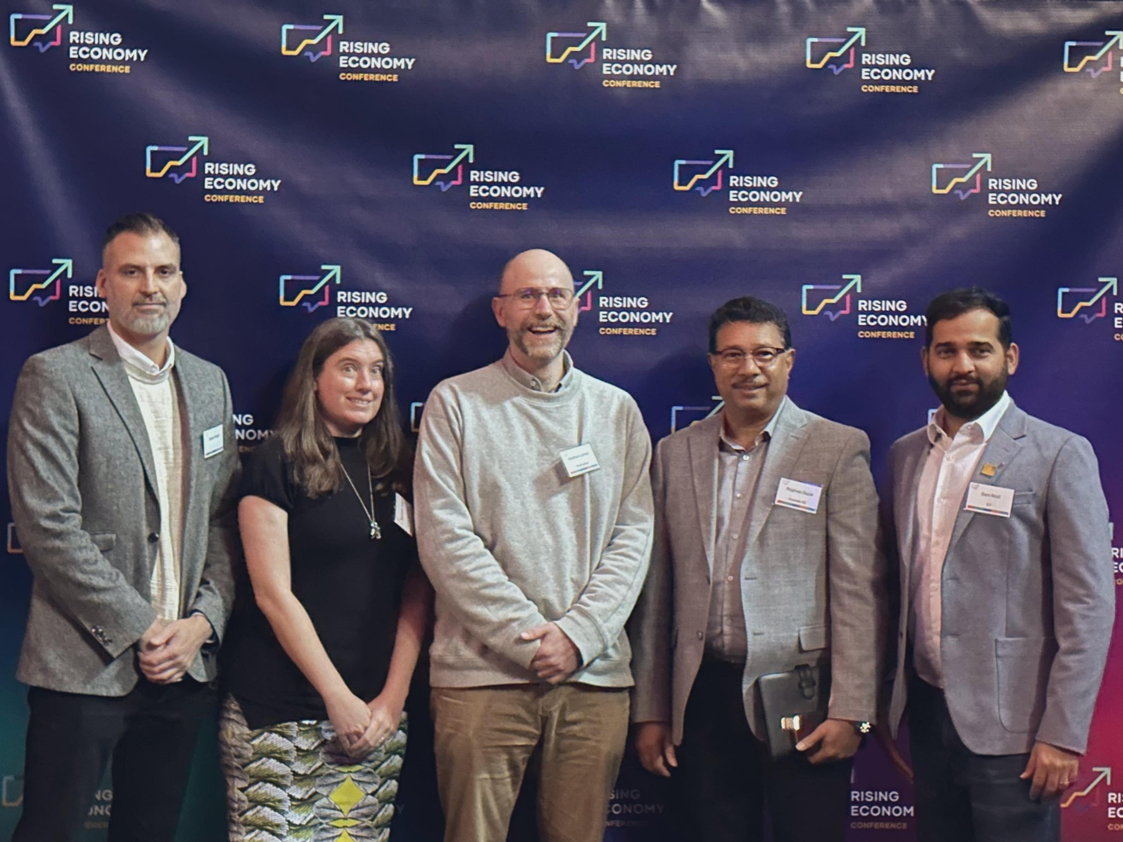 From L-R: Jesse Knight (Seawise Innovative Packaging), Stephanie Willerth (Axolotl Biosciences), Matthew Lehner (OneFeather),  Raghwa Gopal (Innovate BC), Sam Mod (Ernst & Young)