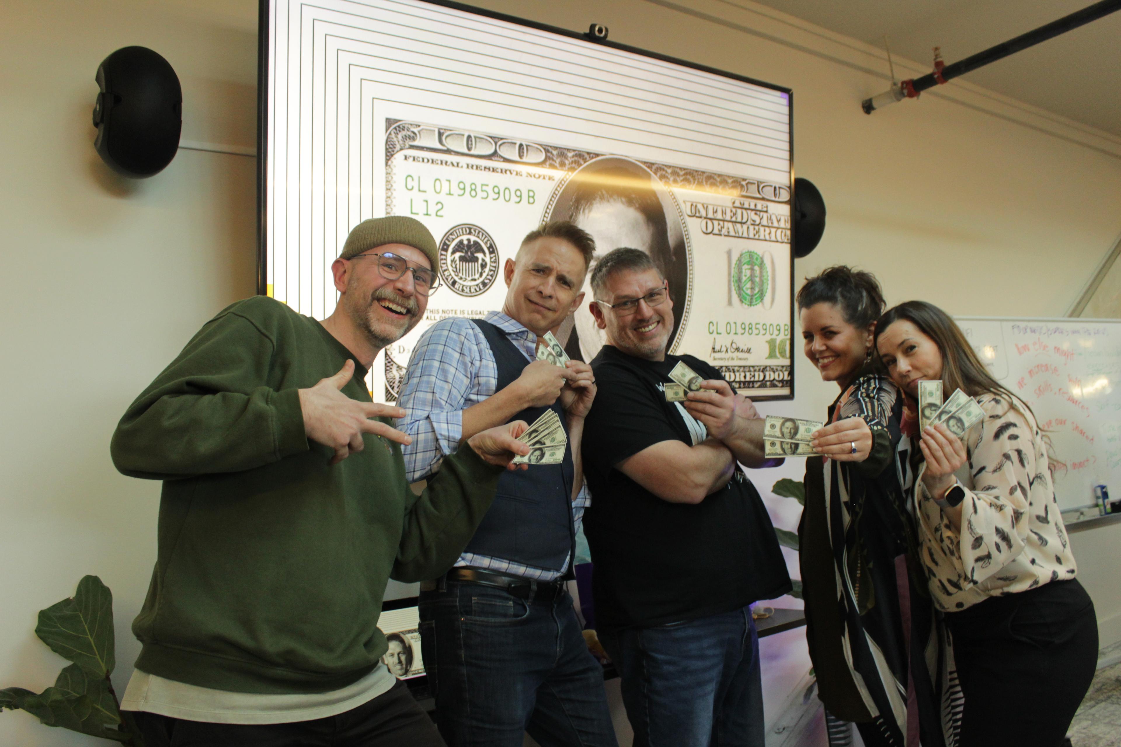 (From L-R) Matthew Lehner, Paul Lacerte, Lawrence Lewis, Jace Meyer and Jaime Morais take a hilarious picture with Coya's printed $ bills of Lawrence's face, lol