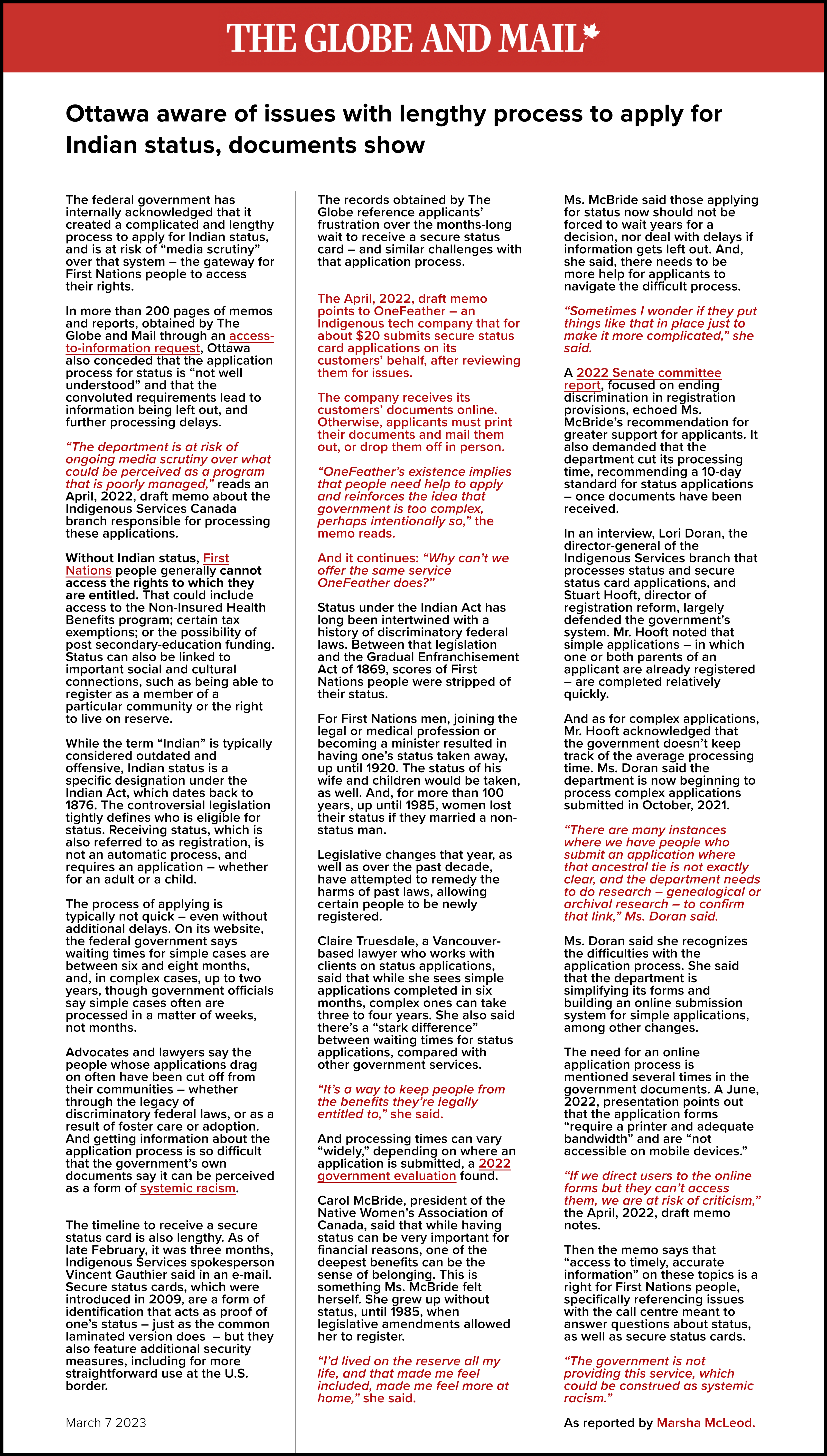 The Globe and Mail article reported by Marsha McLeod