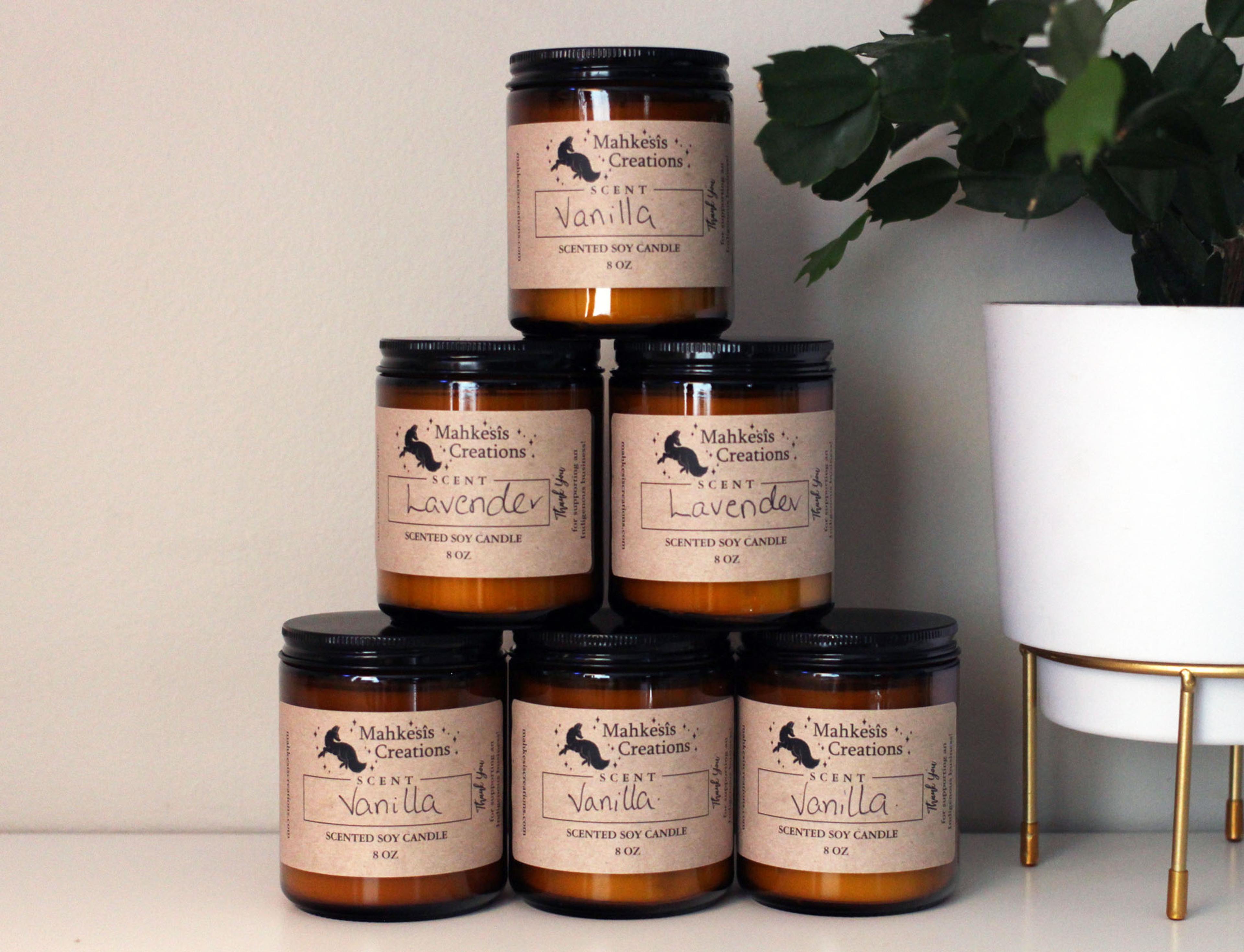 Scented candles by Métis candle-maker, Mahkesis Creations in Skawish Market's "Home Decor" section