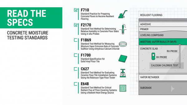 ASTM flooring standards guide showing F710, F2170, F1869, F1700, C627, and E648 references marked on a commercial flooring specification document