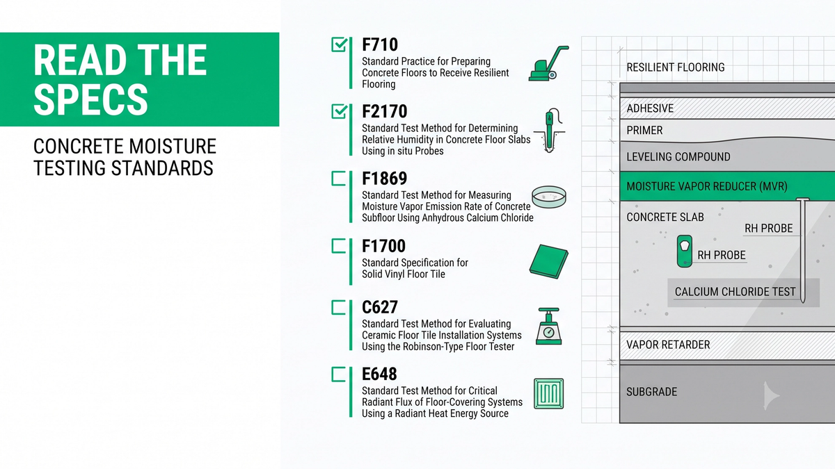 ASTM flooring standards guide showing F710, F2170, F1869, F1700, C627, and E648 references marked on a commercial flooring specification document