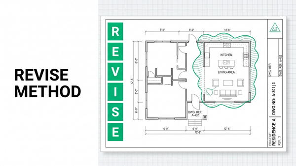 Drawing revision review workflow diagram showing addenda narrative, revision clouds, delta symbols, ASI, and bulletins with a systematic estimator review process across commercial flooring drawings