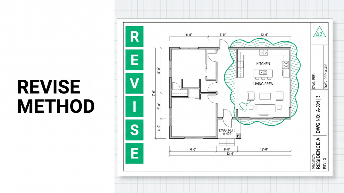Drawing revision review workflow diagram showing addenda narrative, revision clouds, delta symbols, ASI, and bulletins with a systematic estimator review process across commercial flooring drawings