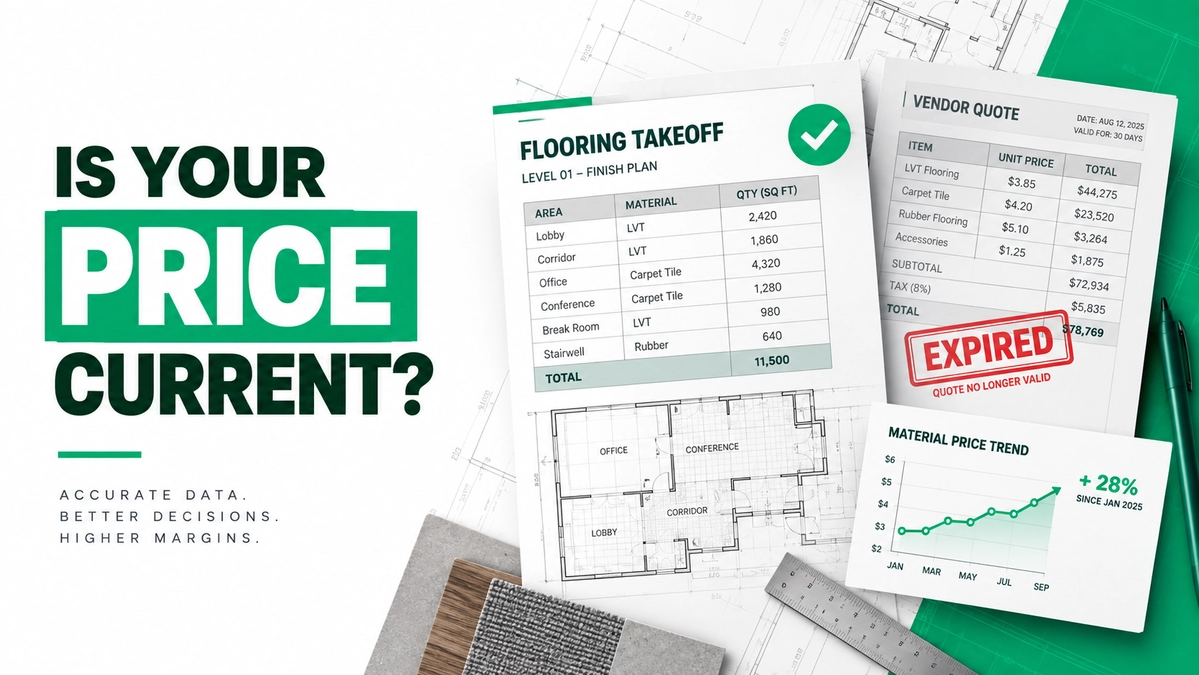 Flooring estimator verifying current flooring material pricing against an expired vendor quote before submitting a commercial bid