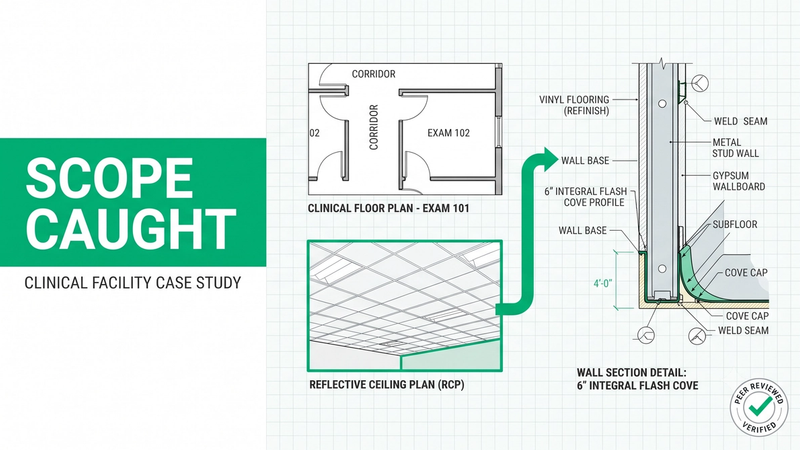 Healthcare flooring estimating services case study: hidden flash cove scope discovered in RCP note on a 52,000 SF healthcare bid