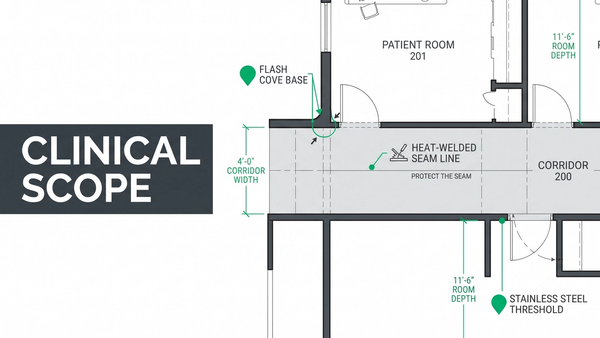 Healthcare flooring transitions guide showing flash cove base, heat-welded seams, stainless steel profiles, and flush thresholds across a hospital corridor and operating room floor plan