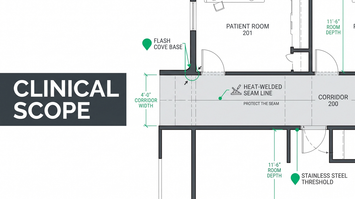 Healthcare flooring transitions guide showing flash cove base, heat-welded seams, stainless steel profiles, and flush thresholds across a hospital corridor and operating room floor plan