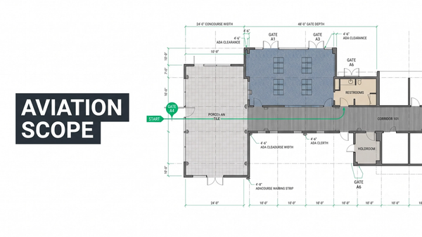 Airport flooring estimating diagram showing terminal, gate area, TSA checkpoint, corridor, restroom, and lounge zones with material assignments and specialty scope callouts