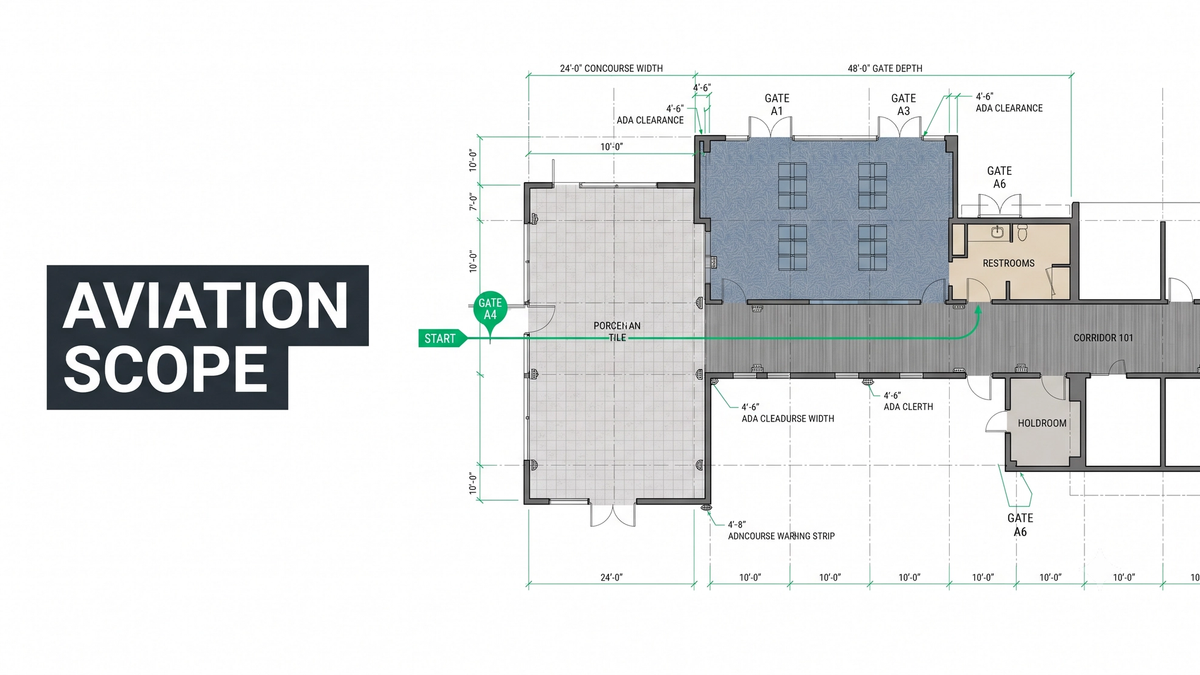 Airport flooring estimating diagram showing terminal, gate area, TSA checkpoint, corridor, restroom, and lounge zones with material assignments and specialty scope callouts