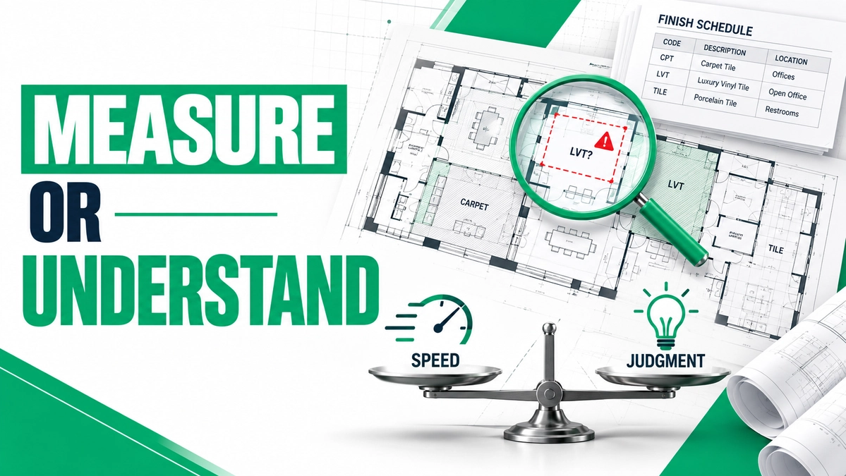 Commercial flooring estimator applying judgment to investigate document conflicts and hidden scope before finalizing a flooring takeoff