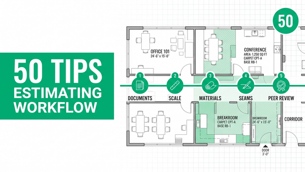 MeasureSquare tips and best practices workflow showing document review, scale verification, seam planning, and peer review checkpoints on a commercial flooring takeoff