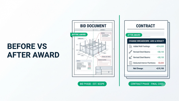 Flooring estimator comparing an addendum revision and a change order breakdown for a commercial flooring bid
