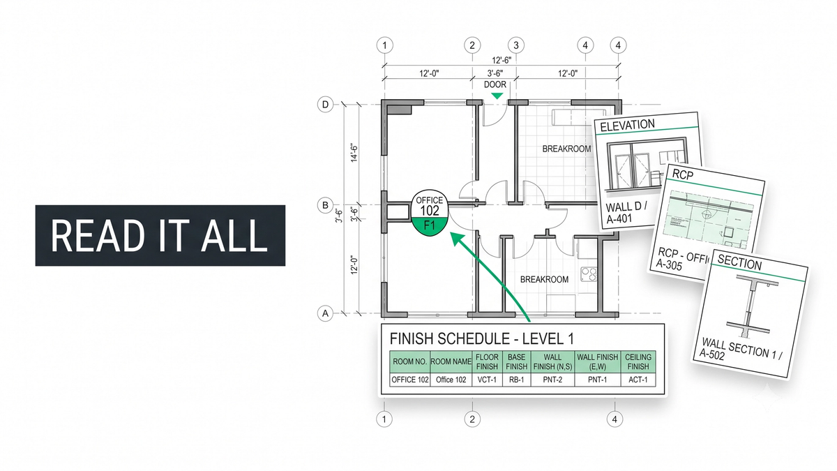 How to read architectural plans for flooring estimating showing floor plan, elevation, reflected ceiling plan, wall section, and finish schedule callouts on a commercial drawing set