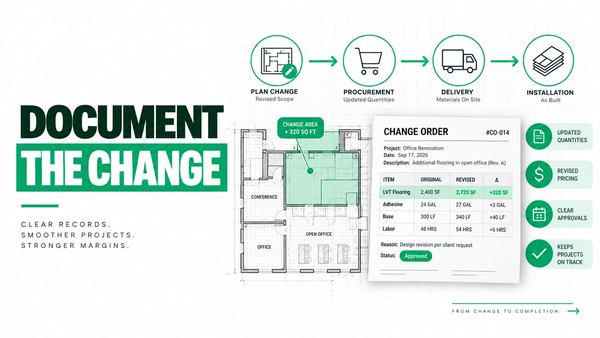 Flooring estimator documenting a change order and tracing its procurement and installation sequence impact on a commercial project
