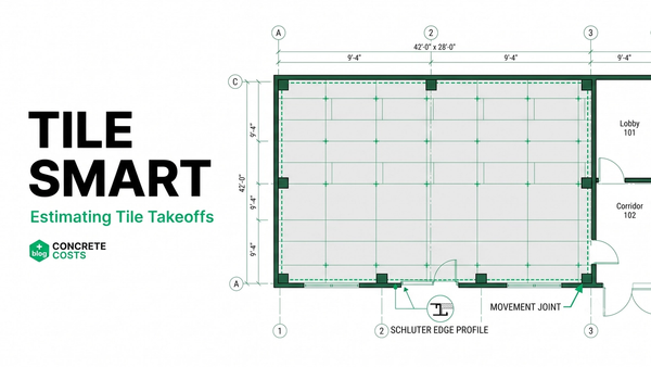 Ceramic and porcelain tile estimating takeoff showing large-format tile layout, movement joints, tile leveling clips, and thinset coverage callouts on a commercial floor plan